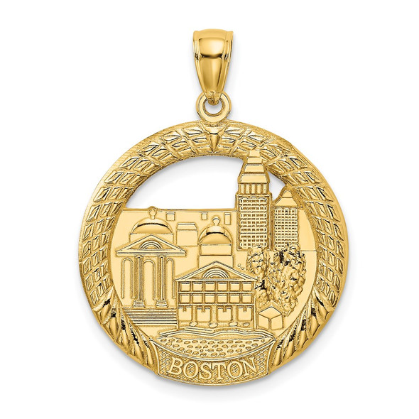 14k Yellow Gold Boston Town Scene In Round Disc Pendant