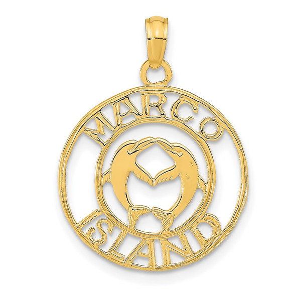 14k Yellow Gold Marco Island With Dolphins In Round Frame Pendant