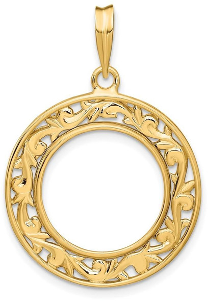 14k Yellow Gold Polished 16.5mm Curved Filigree Prong Coin Bezel Pendant