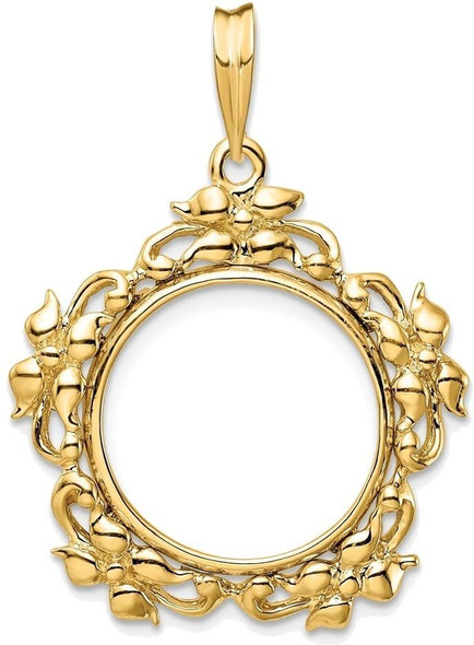 14k Yellow Gold Flower Blossom 16mm Prong Coin Bezel Pendant