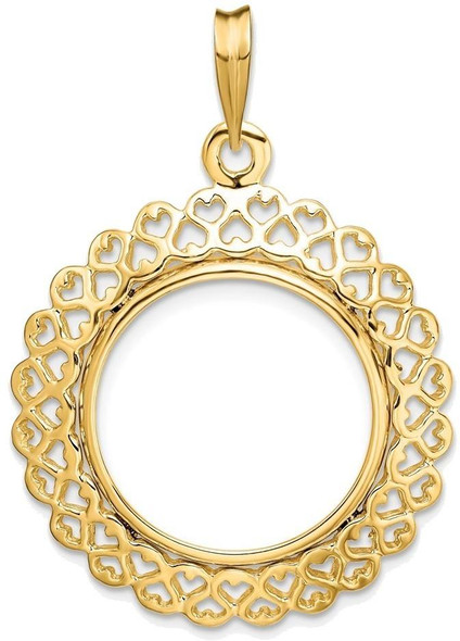 14k Yellow Gold Polished 18mm Heart Filigree Prong Coin Bezel Pendant