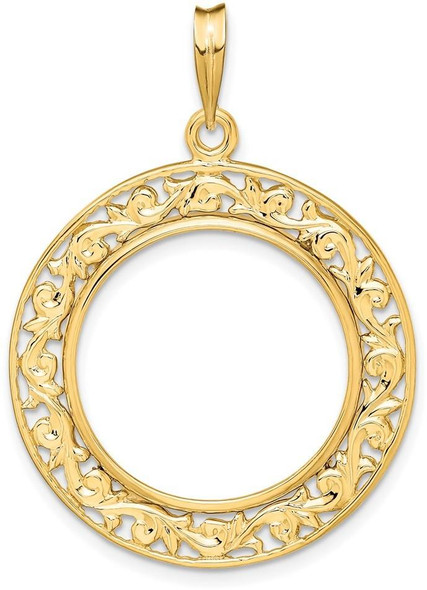 14k Yellow Gold Polished 21.6mm Curved Filigree Prong Coin Bezel Pendant