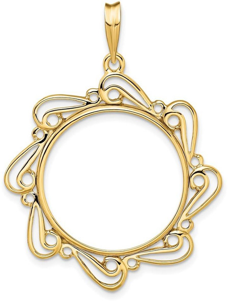 14k Yellow Gold Polished Curved Scroll 21.6mm Prong Coin Bezel Pendant