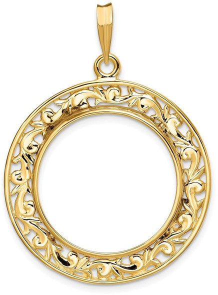 14k Yellow Gold Polished 22mm Curved Filigree Prong Coin Bezel Pendant