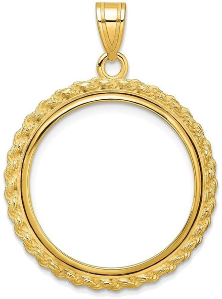 14k Yellow Gold Casted Rope 22mm Prong Coin Bezel Pendant