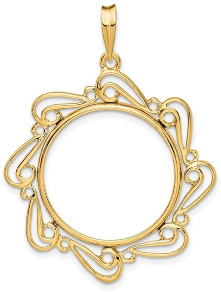 14k Yellow Gold Polished Curved Scroll 22mm Prong Coin Bezel Pendant