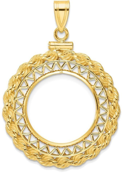 14k Yellow Gold Filigree w/ Rope Screw Top 22mm Coin Bezel Pendant