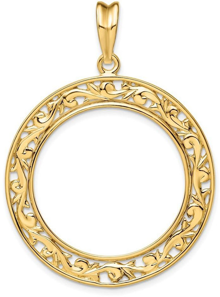 14k Yellow Gold Polished 27mm Curved Filigree Prong Coin Bezel Pendant