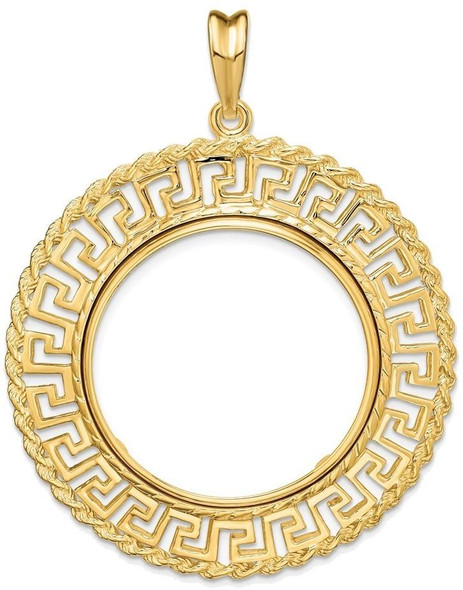 14k Yellow Gold 27mm Greek Key w/ Rope Border Prong Coin Bezel Pendant