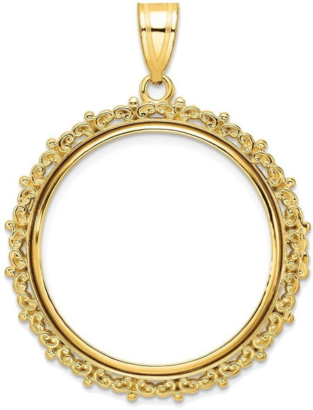 14k Yellow Gold Polished Fancy 27mm Prong Coin Bezel Pendant