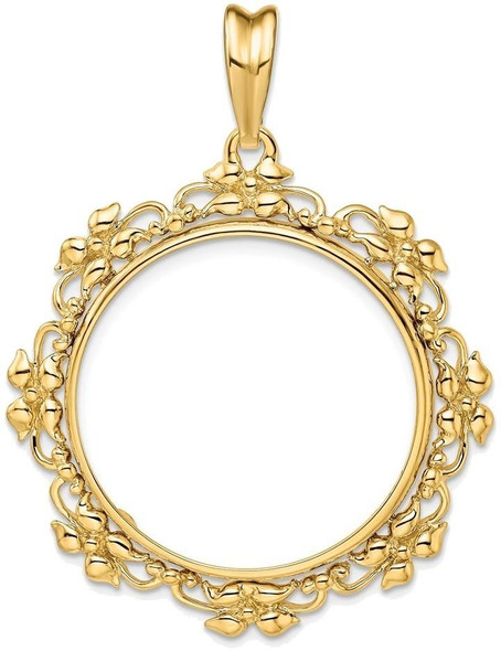 14k Yellow Gold Flower Blossom 27mm Prong Coin Bezel Pendant