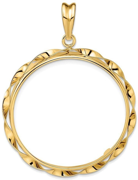 14k Yellow Gold Hand Twisted Ribbon 30mm Prong Coin Bezel Pendant