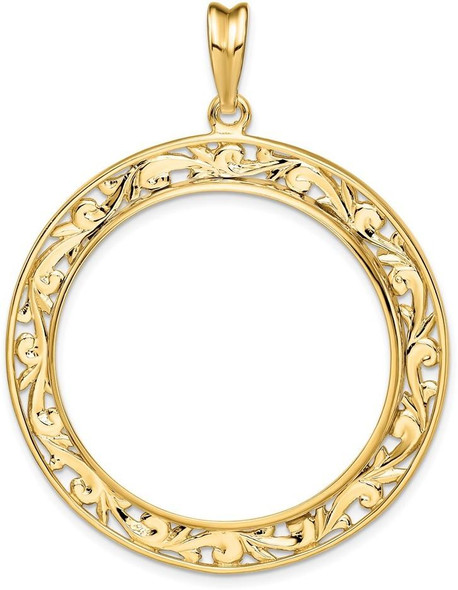 14k Yellow Gold Polished 32.7mm Curved Filigree Prong Coin Bezel Pendant