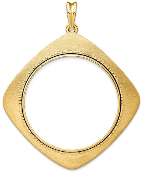 14k Yellow Gold 34.2mm Textured & Beaded Kite-Shape Prong Coin Bezel Pendant