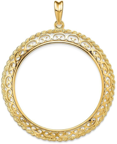 14k Yellow Gold Rope Edge w/ Scroll Design 39.5mm Prong Coin Bezel Pendant