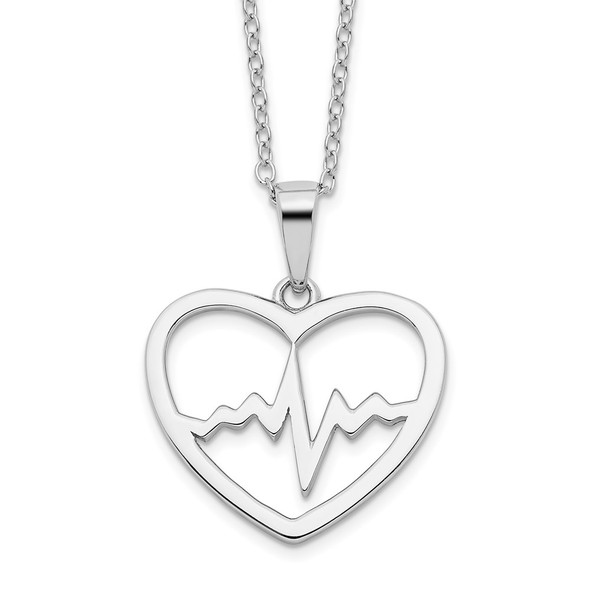 Sterling Silver 16+2in Ext Rhodium-plated Heartbeat in Heart Necklace