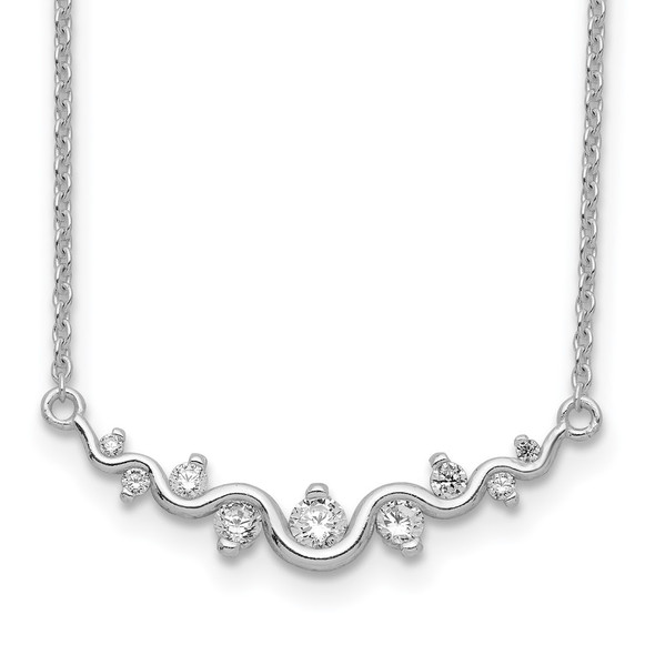 Rhodium-plated Sterling Silver Polished Fancy Wave CZ Bar Necklace