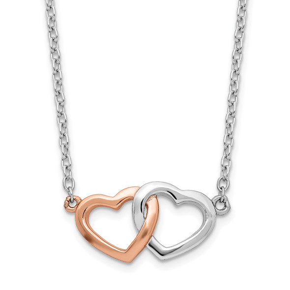 Rhodium-plated Sterling Silver Rose-tone Polished Hearts Necklace