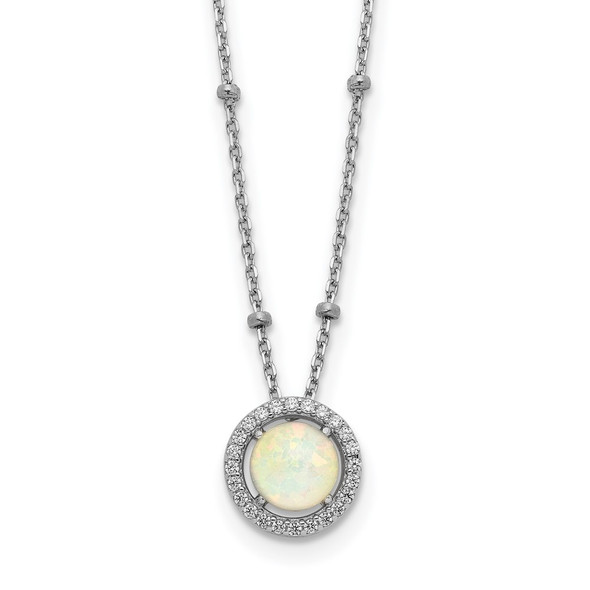 Sterling Silver Rhodium-plated White Created Opal CZ Beaded w/2 in ext. Necklace