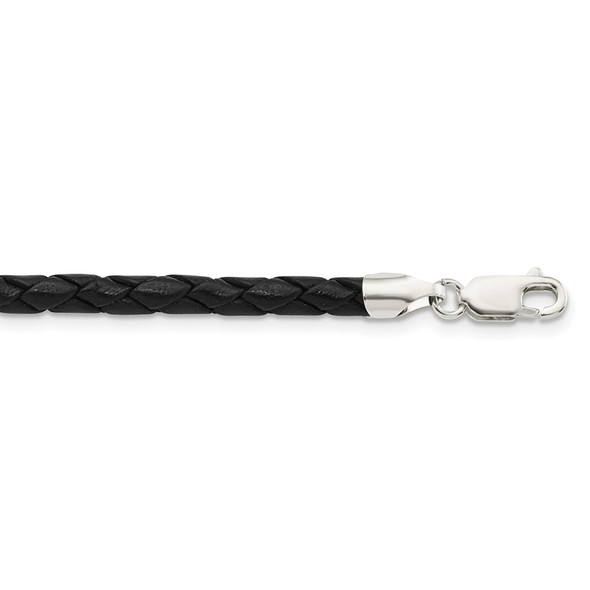 Sterling Silver 20inch 4mm Black Leather Braided Necklace