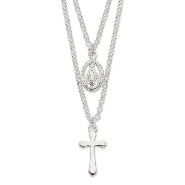 Sterling Silver Polished Medallion & Cross Necklace