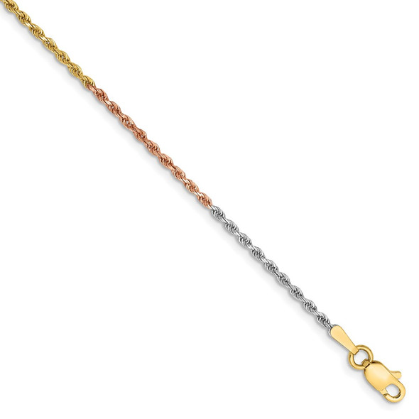 7" 14k Tri-color Gold 1.5mm Diamond-cut Rope Chain Bracelet