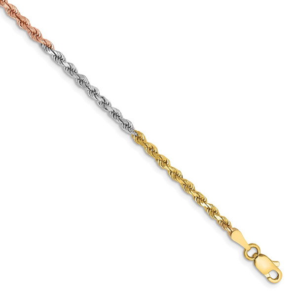 7" 14k Tri-color Gold 2.5mm Diamond-cut Rope Chain Bracelet