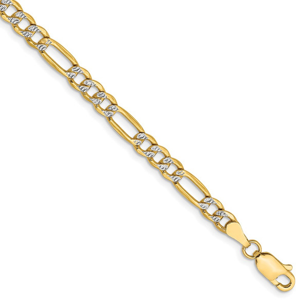 7" 14k Yellow Gold 3.9mm Semi-solid w/ Rhodium-plating Pave Figaro Chain Bracelet