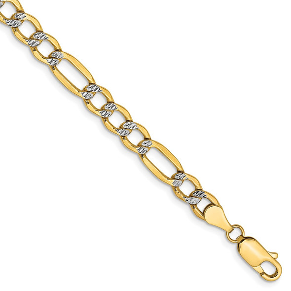 7" 14k Yellow Gold 5.25mm Semi-solid w/ Rhodium-plating Pave Figaro Chain Bracelet