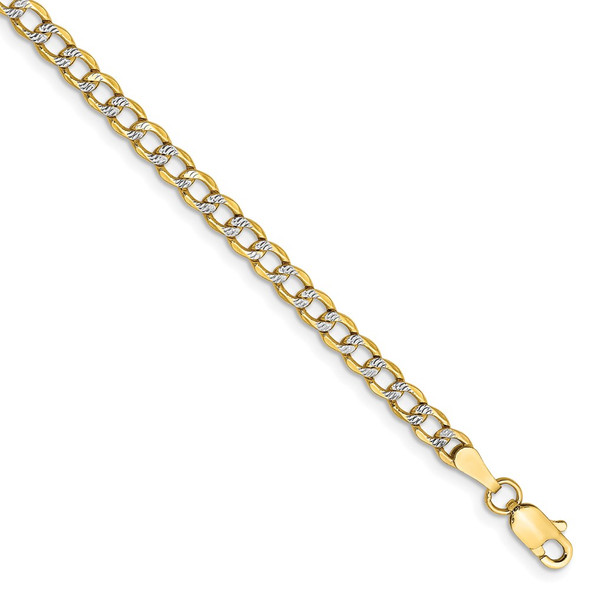 7" 14k Yellow Gold 3.4mm Semi-solid w/ Rhodium-plating Pave Curb Chain Bracelet