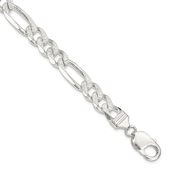 8" Sterling Silver 9.5mm Pave Flat Figaro Chain Bracelet