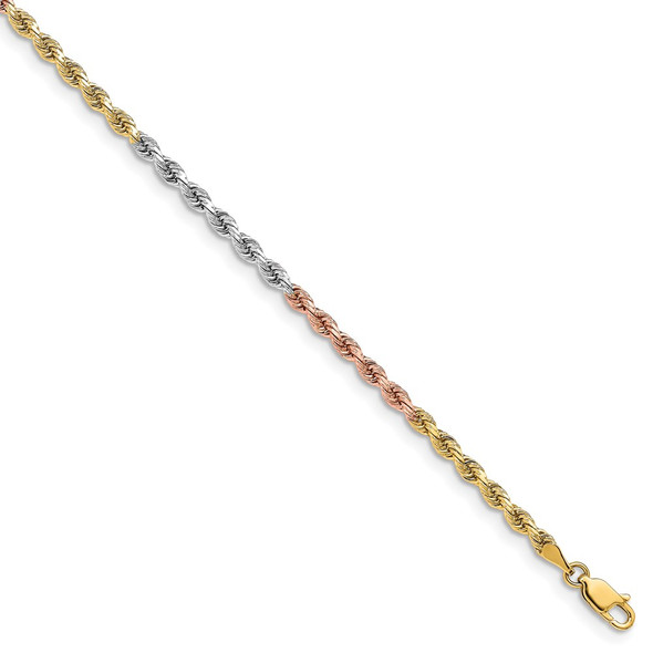 7" 14k Tri-color Gold 3mm Diamond-cut Rope Chain Bracelet