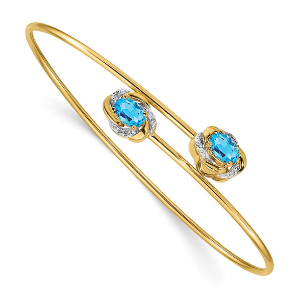 14k Yellow Gold Polished .03ctw Diamond and Blue Topaz Flexible Bangle Bracelet