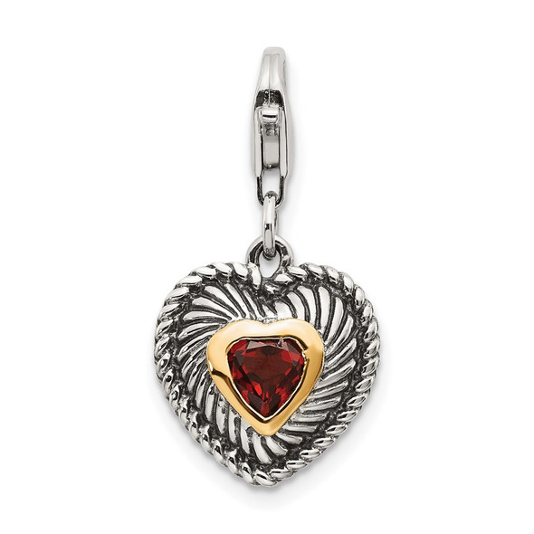 Sterling Silver w/14k Yellow Gold Garnet Antiqued Heart Charm