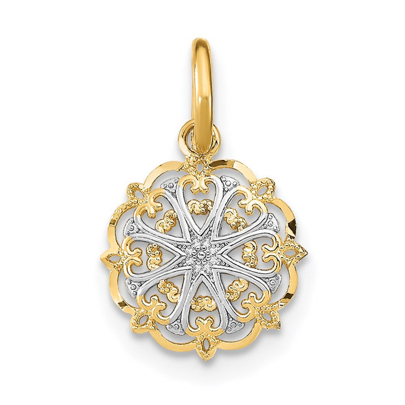 14k Yellow Gold w/Rhodium Filigree Hearts Charm