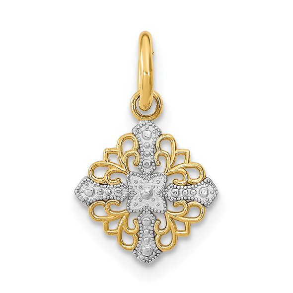 14k Yellow Gold w/Rhodium Mini Cross Medallion Charm