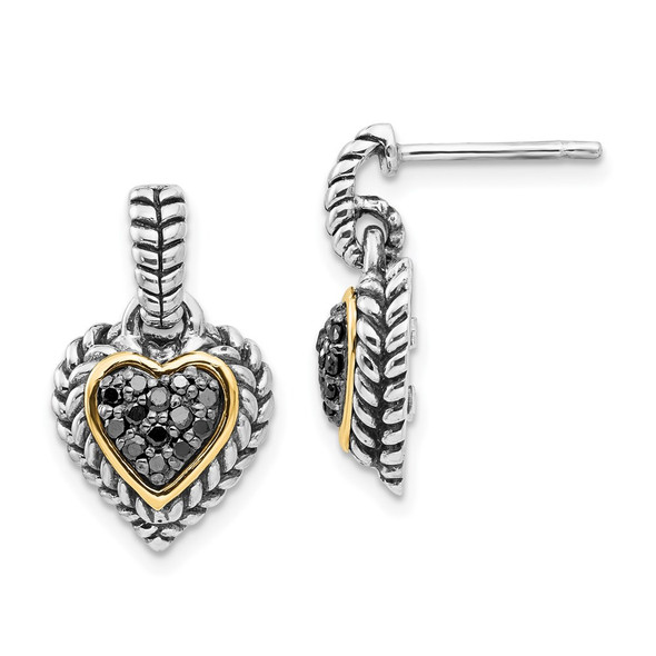 Sterling Silver w/14k Yellow Gold Black Diamond Heart Earrings