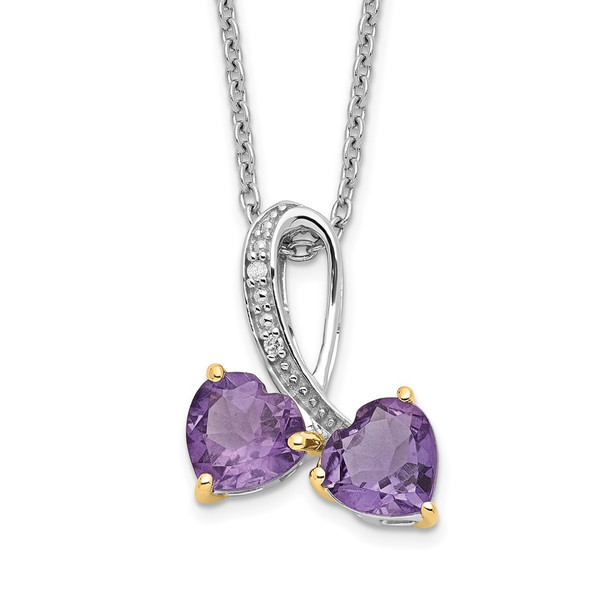 Sterling Silver & 14k Yellow Gold Accent Rhodium-plated Amethyst & Diamond Heart 18inch Necklace