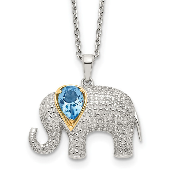 Sterling Silver & 14k Yellow Gold Accent Blue Topaz & Diamond Elephant 18inch Necklace