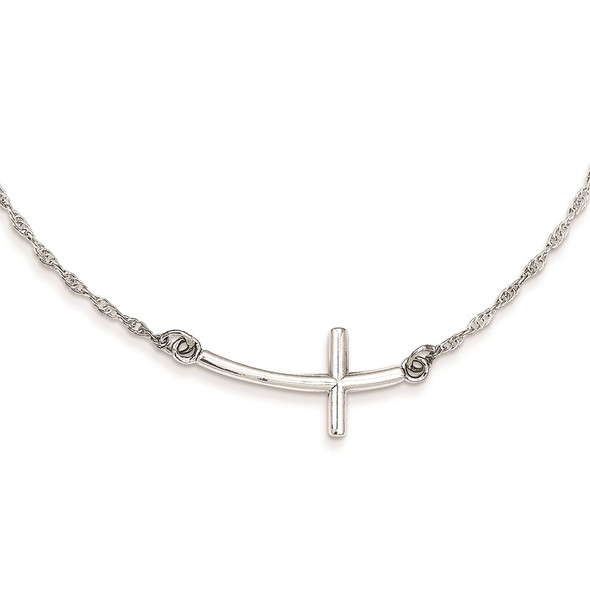 Sterling Silver Rhodium-plated Large Sideways Curved Cross Necklace