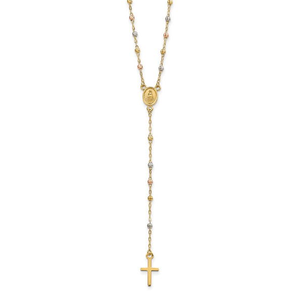 17" w/ 3in ext 14k Tri-color Gold Beaded Rosary Necklace