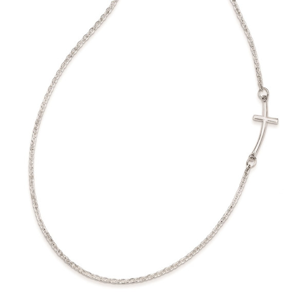 Sterling Silver Rhodium-plated Small Off-Set Sideways Curved Cross Necklace