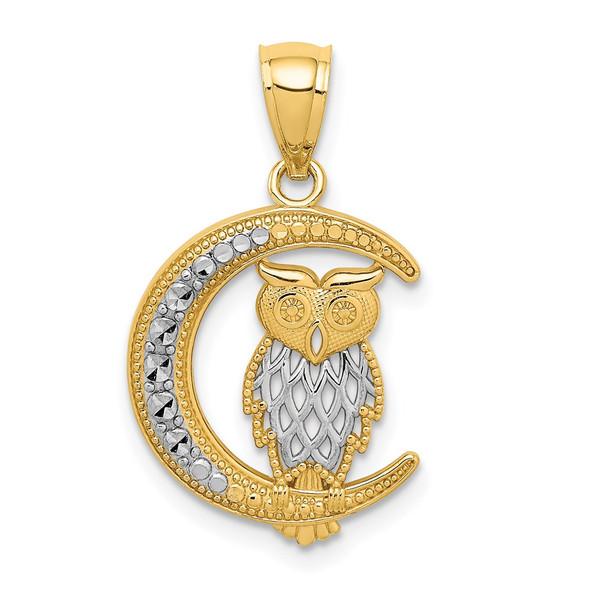 14k Yellow Gold w/White Rhodium Diamond-cut Owl on the Moon Pendant