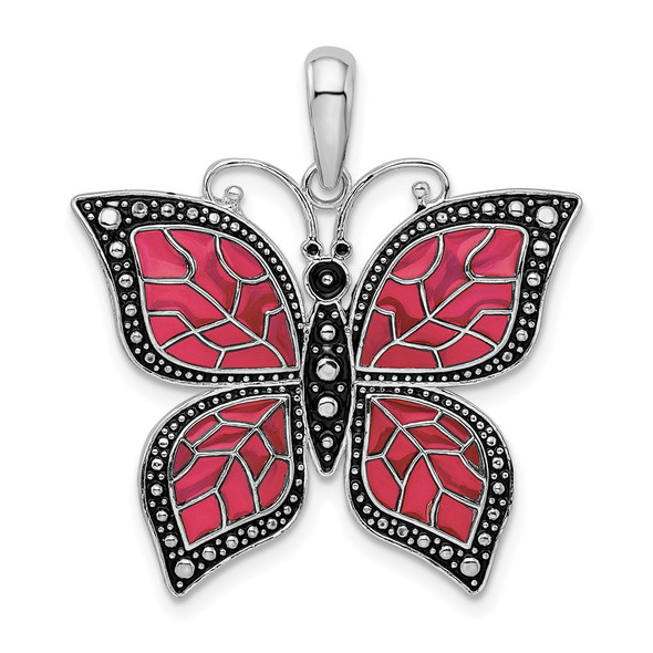Sterling Silver Polished Enameled Fuchsia Butterfly Pendant