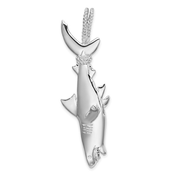 Sterling Silver Polished 3D Shark Hanging from Rope Pendant