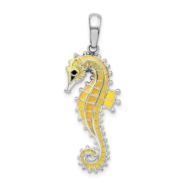 Sterling Silver Polished 3D Enameled Yellow Seahorse Pendant