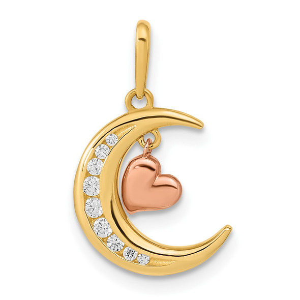 14K Two-tone Gold CZ Moon Heart Pendant