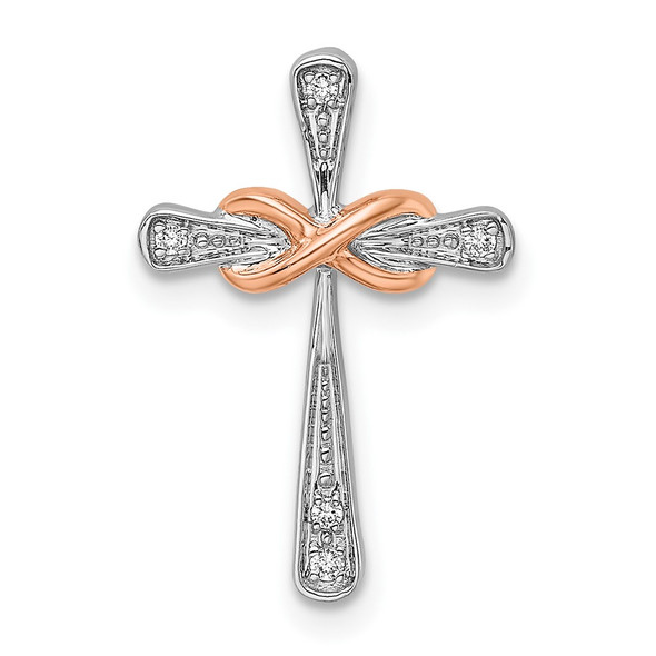 14k Two-tone Gold White & Rose Cross w/Infinity Diamond Chain Slide Pendant