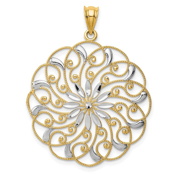 14k Yellow Gold and Rhodium Diamond-cut Fancy Swirl Pendant