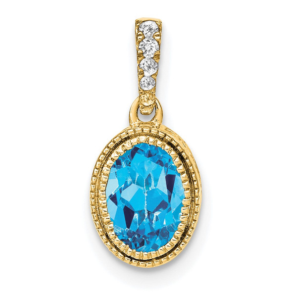 14k Yellow Gold Oval Blue Topaz and Diamond Pendant